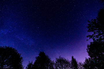 Night sky over rural landscape. Beautiful night starry sky, high ISO landscape.