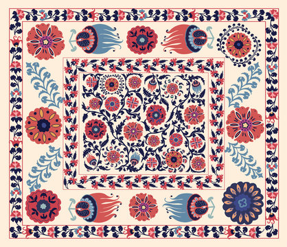 Colorful template for carpet, textile. Oriental floral pattern with fantasy flowers. Uzbek suzani style.