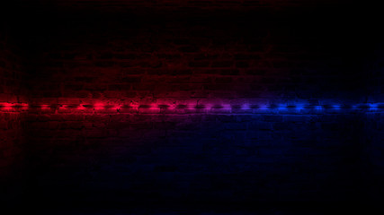 Background of an empty corridor with brick walls and neon light. Brick walls, neon rays and glow