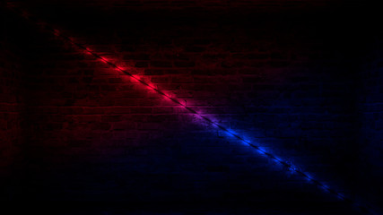 Background of an empty corridor with brick walls and neon light. Brick walls, neon rays and glow