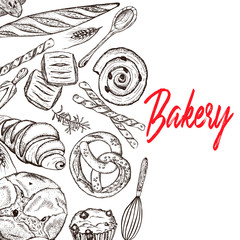 Bakery top view frame. Hand drawn sketch with bread, pastry, sweet.Vector set of bread and bakery products.  Background template for design. Can be use for menu, packaging.