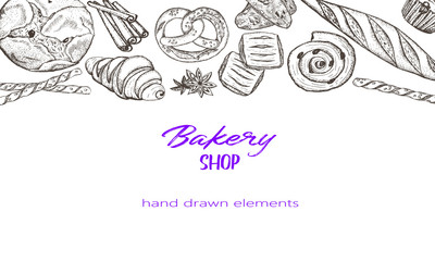 Bakery top view frame. Hand drawn sketch with bread, pastry, sweet.Vector set of bread and bakery products.  Background template for design. Can be use for menu, packaging.