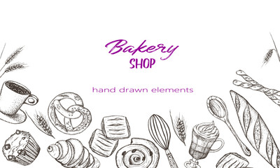 Bakery top view frame. Hand drawn sketch with bread, pastry, sweet.Vector set of bread and bakery products.  Background template for design. Can be use for menu, packaging.