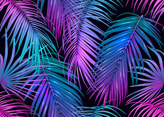 Tropic leaves seamless pattern in neon colors - obrazy, fototapety, plakaty