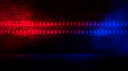 Background of an empty corridor with brick walls and neon light. Brick walls, neon rays and glow