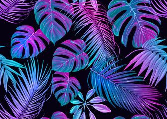 Tropische Blätter nahtloses Muster in Neonfarben