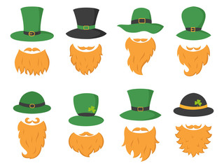 Set of different piece photo booth props with Irish leprechaun (hat and beard).