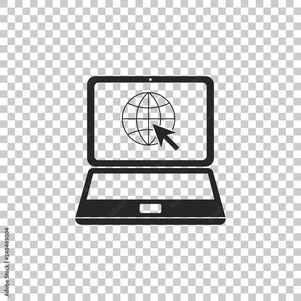 Poster website on laptop screen icon isolated on transparent background. laptop with globe and cursor. worl
