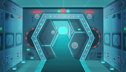 Corridor with a door in a spaceship.Vector cartoon background interior room sci-fi spaceship. Background for games and mobile applications. © NADEZHDA