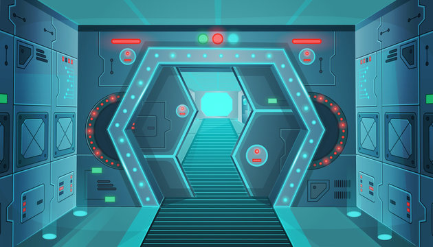 Corridor with a door in a spaceship.Vector cartoon background interior room sci-fi spaceship. Background for games and mobile applications.