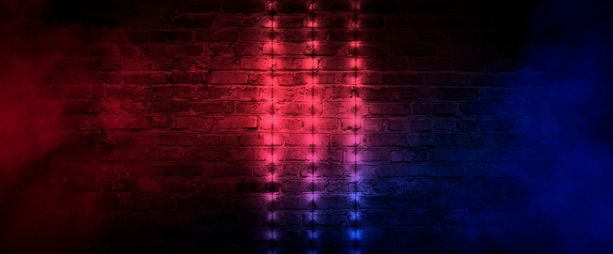 Background of an empty corridor with brick walls and neon light. Brick walls, neon rays and glow © MiaStendal