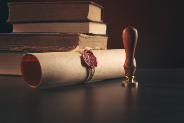 Notary's public pen and stamp on testament and last will. Notary public tools