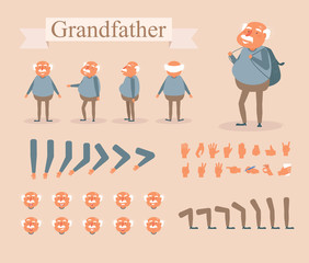 Grandfather for animation. Poses front, rear, side, three quarter. Creation set. Collection of emotions. Vector. Cartoon. Isolated art on white background. Flat Different positions of hand