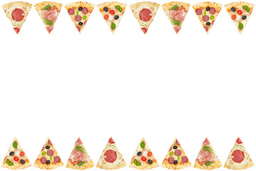 Pizzas Pizzen Pizza Stück Stücke Rahmen Textfreiraum Copyspace von oben freigestellt Freisteller isoliert