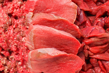 Different types of raw veal background. Slices, minced meat, beef stroganoff.