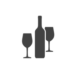 Wine bottle and two wineglasses icon isolated on white background