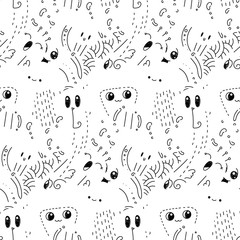 Seamless vector pattern with cute cartoon monsters and beasts. Nice for packaging, wrapping paper, coloring pages, wallpaper, fabric, fashion, home decor, prints etc