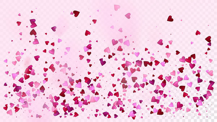 Red, Pink Hearts Vector Confetti. Valentines Day Romantic Pattern. Elegant Gift, Birthday Card, Poster Background Valentines Day Decoration with Falling Down Hearts Confetti. Beautiful Pink Frame