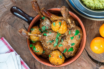 Duck tagine with clementines and citrus couscous - top view