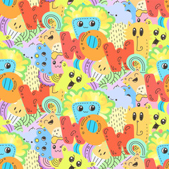 Seamless vector pattern with cute cartoon monsters and beasts. Nice for packaging, wrapping paper, coloring pages, wallpaper, fabric, fashion, home decor, prints etc