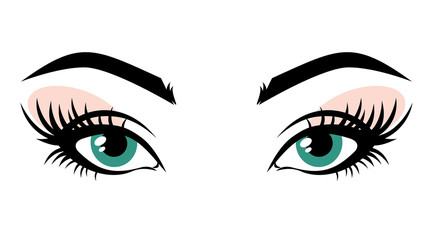 Eyelash extension logo. Vector illustration of green eyes with long eyelashes and make-up. For beauty salon, lash extensions maker. .