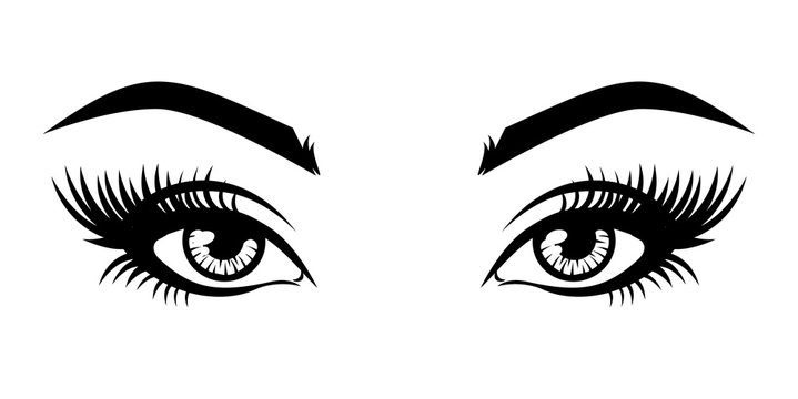 Illustration of woman's sexy luxurious eye with eyebrows and full lashes. Idea for business visit card, typography vector. Perfect salon look. .