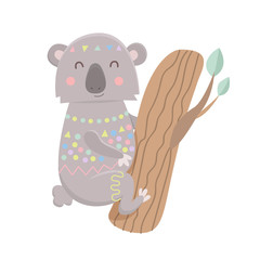Cute koala bear sitting on a tree isolated on white background. Stylized tribal koala on a tree branch. Australian animal.