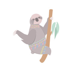 Happy cute sloth sitting on tree isolated on white background. Stylized tribal sloth on a tree branch.