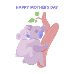 Happy Mother's Day. Koala with baby on a back. Cute Mother koala with offspring sitting on tree.
