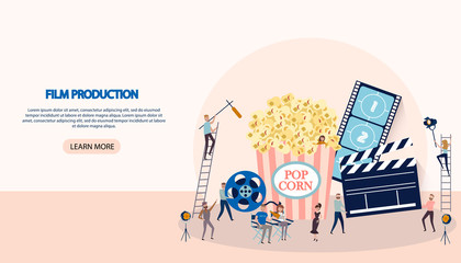 Making movie, video production landing page template with tiny people in the process of shooting a movie. Editable vector illustration