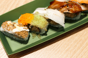 sushi roll with eel close up, top view