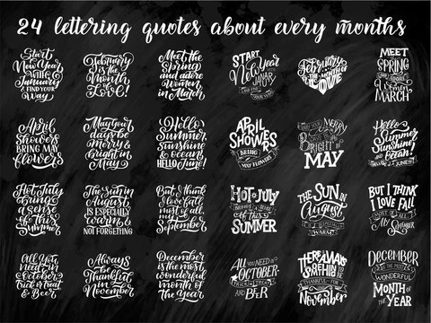 Set of compositions for every months, calendar, planner template. Hand drawn lettering quotes for calendar design, illustration