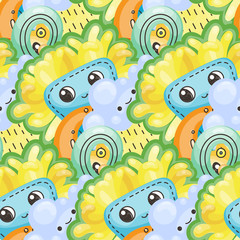 Seamless vector pattern with cute cartoon monsters and beasts. Nice for packaging, wrapping paper, coloring pages, wallpaper, fabric, fashion, home decor, prints etc