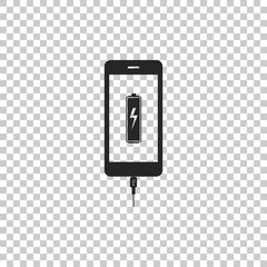 Smartphone battery charge icon isolated on transparent background. Phone with a low battery charge and with USB connection. Flat design. Vector Illustration