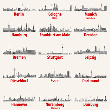 Germany cities skylines in black and white color palette vector set