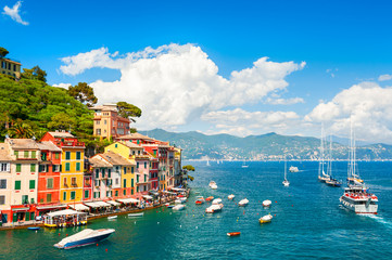 Fototapeta na wymiar Beautiful sea coast with boats and colorful houses in Portofino, Italy
