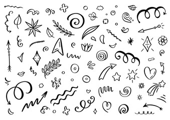 Abstract arrows, ribbons and other elements in hand drawn style for concept design. Doodle illustration. Vector template