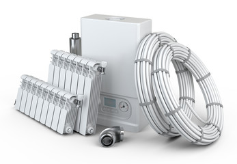 Gas boiler, heater radiator set and chimney pipe for house - front view. Heating system.