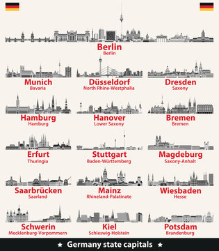 Germany state capitals vector detailed skylines in grey scales color palette