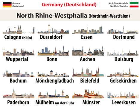 Germany state North Rhine- Westphalia largest cities skylines vector set