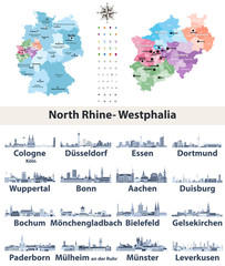 Fototapeta premium vector map of Germany and state Norrth Rhine-Westphalia with largest cities skylines in tints of blue color palette