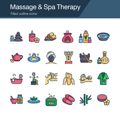 Massage and Spa Therapy icons. Filled outline design. For presentation, graphic design, mobile application, web design, infographics, UI. Editable Stroke.