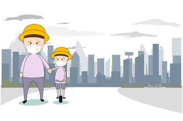 Father and son walking along the street and wear masks N95 to prevent air pollution in the city PM 2.5 in dust meter. Concept flat style vector illustration environmental impact.-EPS 10