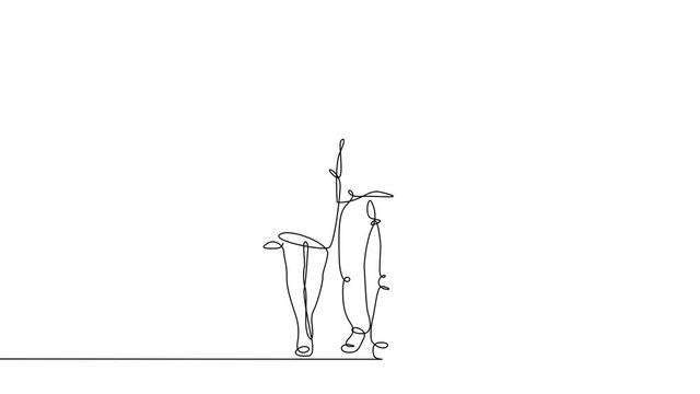 Self drawing simple animation of single continuous one line drawing.Sale, couple, woman, retail, shop, man, happy. Drawing by hand, black lines on a white background.