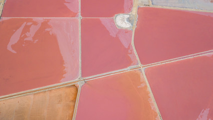Earth's line. A drone vertical perspective of the ground's colors and shapes. Salt flats at Colonia de Sant Jordi, Ses Salines, Mallorca, Spain