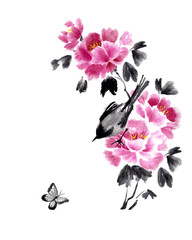 Ink illustration of beautiful peonies, bird and butterfly. Chinese painting. Hand drawn - 248474634