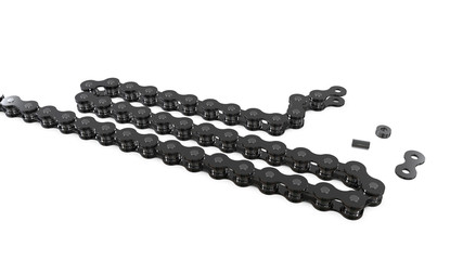 Image of roller chain isolated on white background. Preparation for the designer. 3D rendering.