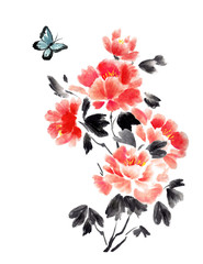 Ink illustration of beautiful red peonies and butterfly. Chinese painting. Hand drawn - 248474662