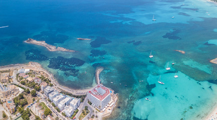 Fototapeta na wymiar Colonia Sant Jordi, Mallorca Spain. Amazing drone aerial landscape of the charming Estanys beach