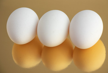 White chicken eggs on a Golden background.